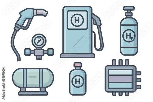 Various equipment and components used in hydrogen fuel technology displayed on a neutral background for educational purposes