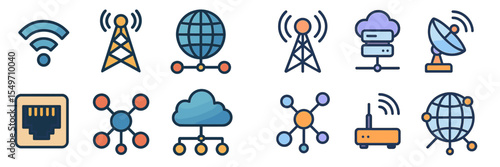 Illustration of various communication technology symbols representing connectivity and networking concepts