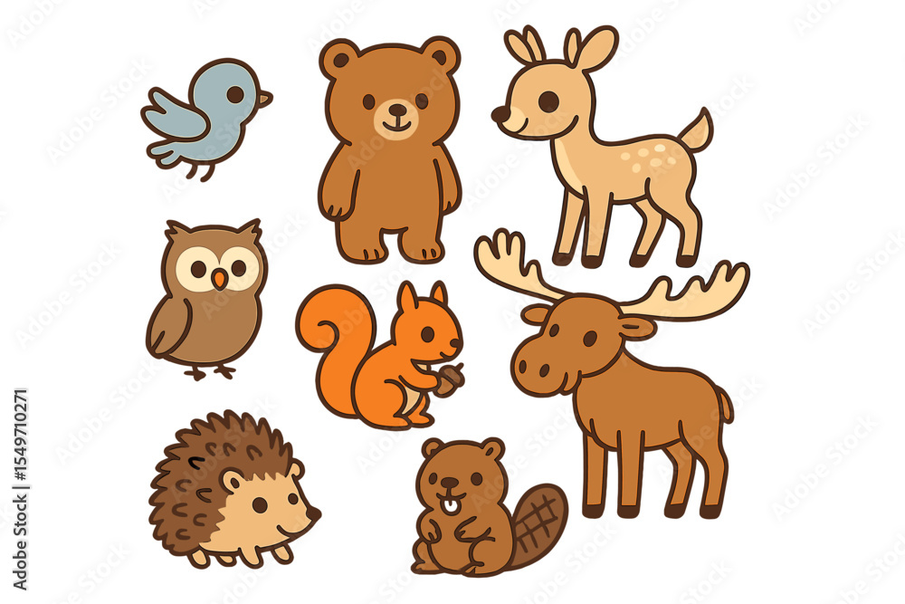 Fototapeta premium Cute cartoon animals including a bear, deer, owl, and moose in a playful forest setting depicting a friendly wildlife gathering