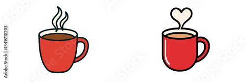 Red coffee cups featuring steam and heart designs illustrate warm beverage enjoyment and connection