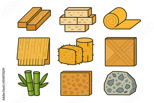 Different types of wood and natural materials for construction or crafting purposes