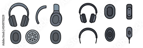 Diverse collection of headphone designs showcasing various styles and components arranged neatly on a plain background
