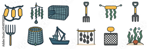 Collection of fishing and aquaculture tools arranged on a light background showcasing diverse equipment used in marine harvesting