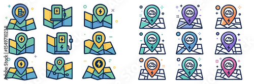 Collection of colorful electric vehicle charging location icons displayed on an abstract map layout
