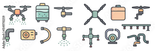 Icons illustrating various types of drones and water management equipment for agriculture and irrigation solutions