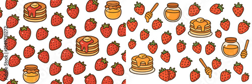 Bright and colorful pattern featuring pancakes, honey, and fresh strawberries in a playful arrangement