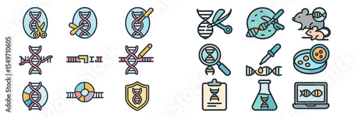 Colorful icons representing genetic research, biotechnology, and DNA manipulation in a laboratory setting