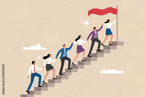 Team climbing stairs towards a flag isolated on transparent background