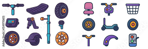 Colorful collection of scooter and bicycle parts on a white background showcasing various components and accessories