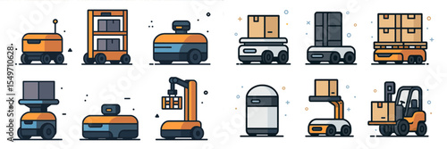 Collection of various modern delivery and warehouse robots in a digital illustration showcasing their design and function