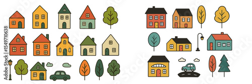 Colorful houses and trees create a whimsical neighborhood design for illustrations and creative projects
