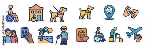 Accessible travel icons illustrating services for individuals with disabilities in various settings