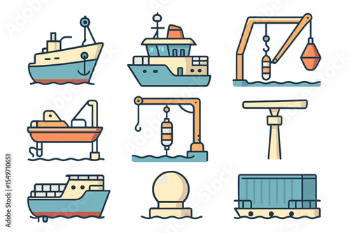 Maritime transport and shipping icons representing various boats and cranes in a vibrant design