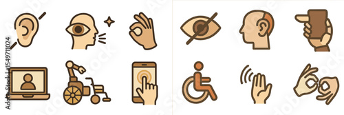 Symbols representing various aspects of accessibility and communication in modern society
