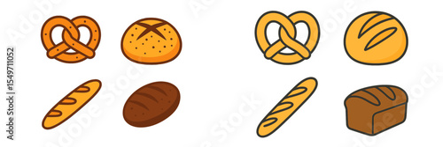 Variety of baked goods displayed with pretzels, rolls, and loaves during a bakery showcase in the morning light