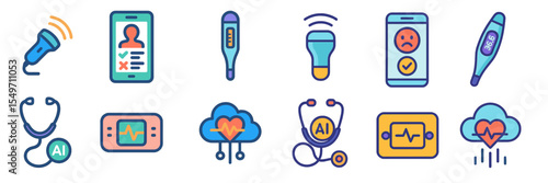Health technology icons showcasing modern medical tools and applications in a digital format for healthcare