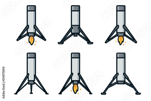 Multiple stages of a rocket launch with detailed design elements showcasing propulsion and landing mechanisms