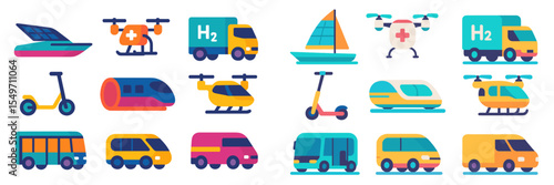 Various modes of transportation showcasing futuristic designs and eco-friendly concepts including drones, boats, and hover vehicles