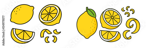 Fresh lemon slices and whole lemons arranged creatively on a white background for culinary inspiration