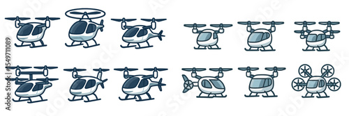 Variety of small helicopters and drones displayed in a simple, colorful design