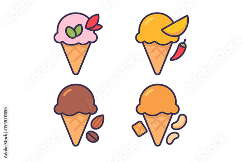 Variety of cartoon ice cream cones featuring unique flavors and toppings in vibrant colors