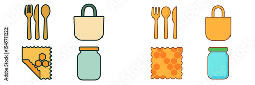 Iconic set of utensils, bags, and containers with patterns and materials displayed on a clean background
