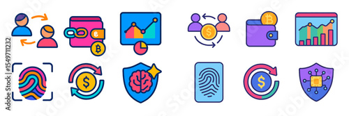 Digital currency icons representing transactions, finances, and security in various styles and colors for modern technology