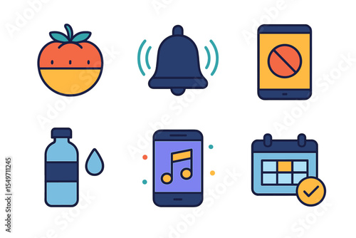 Colorful icons representing various activities and objects related to health, notifications, and time management