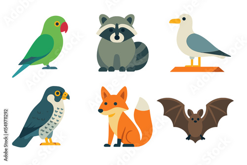 Colorful collection of wildlife illustrations featuring various animals including birds, raccoon, fox, and bat