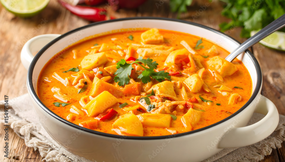 Spicy coconut curry soup with tofu, potato, chili, cilantro, and vegetables in white bowl on rustic woodmeal preparation soup pot ladle Spicy coconut curry soup with tofu, potato, chili, cilantro, and vegetables in white bowl on rustic woodmeal preparation soup pot ladle