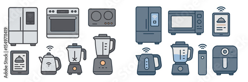 Modern kitchen appliances and smart devices arrayed on a flat surface showcasing convenience and technology in home cooking