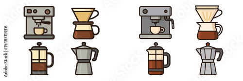 Different coffee brewing methods displayed in a minimalistic style with various equipment and prepared coffee cups