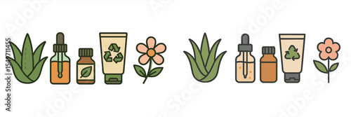 Variety of natural skincare products displayed with plants and flowers in a minimalistic design