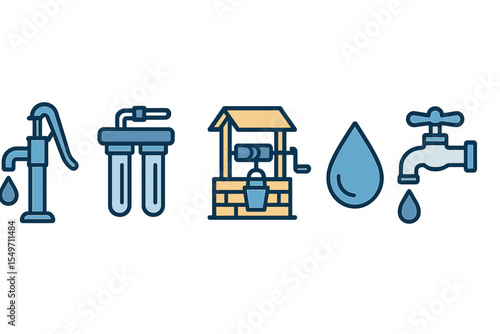 Visual representation of various water supply systems including wells, filters, and taps used in everyday life