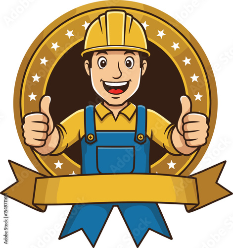  Happy Cartoon Construction Worker Giving Thumbs Up, Achievement Badge, Best Performance, Top Quality, Success Emblem, Contractor Reward, Excellence, Renovation, Building.