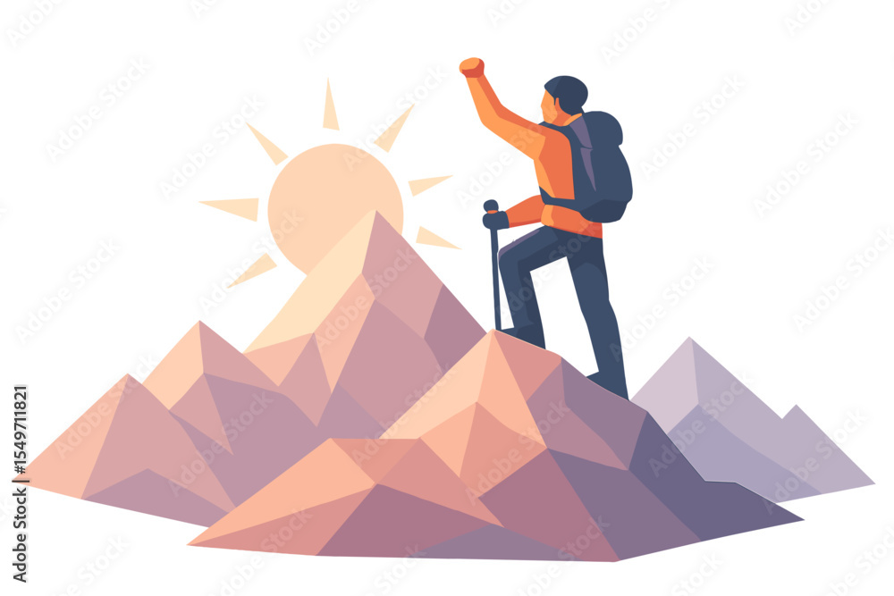 Hiker celebrates reaching peak of mountain during sunrise with raised fist in victory Hiker celebrates reaching peak of mountain during sunrise with raised fist in victory