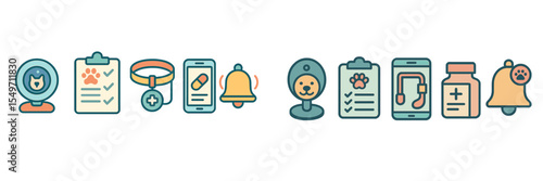 Icons representing pet care services and health management tools for pet owners in a digital format on a white background