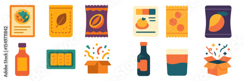 Variety of colorful packaged snacks and beverages on a plain background highlighting modern design aesthetics