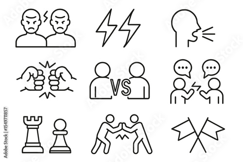 Conflict between individuals illustrated through various symbols of disagreement and confrontation in a minimalistic style
