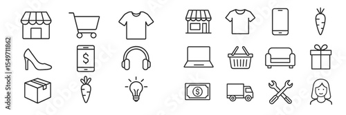 Stylized icons representing shopping, technology, and everyday items in a minimalist design
