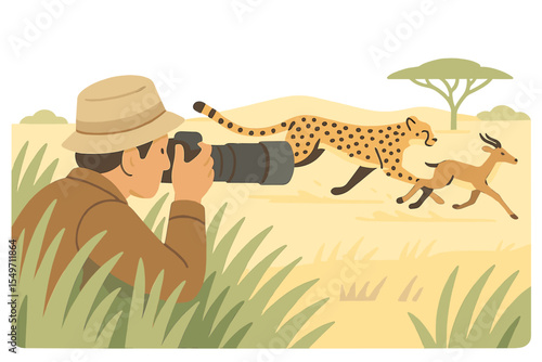 Wildlife photographer captures moment of cheetah chasing antelope in savanna during golden hour