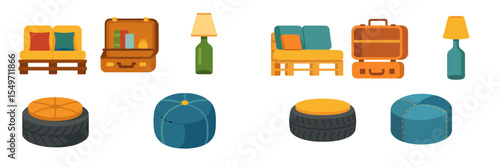 Colorful furniture and decorative items arranged with a cozy, modern aesthetic in a living space design concept