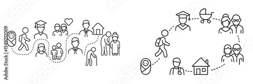 Relationships and community connections illustrated through diverse activities in a simple design