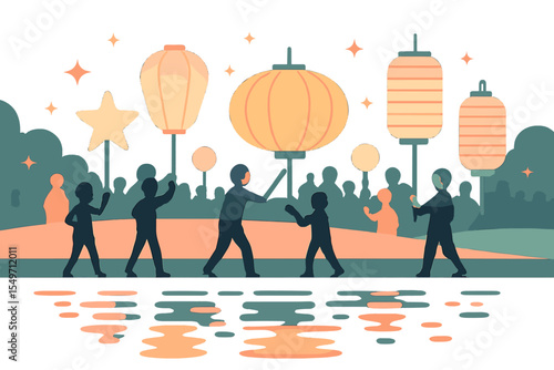 Illuminated lantern festival celebration at riverside with people participating in joyful activities during evening hours