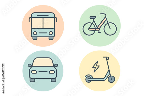 Transportation options are illustrated with icons representing bus, bicycle, car, and electric scooter around a city plan