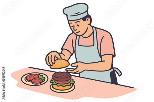 Chef prepares delicious burgers with fresh ingredients at a kitchen counter in a vibrant cooking environment during lunchtime