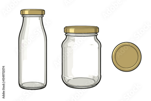 Glass jars and bottles with gold lids suitable for storage and preservation in kitchens or craft projects