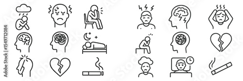 Mental health icons depicting various emotions and states of well-being in a modern monochrome design