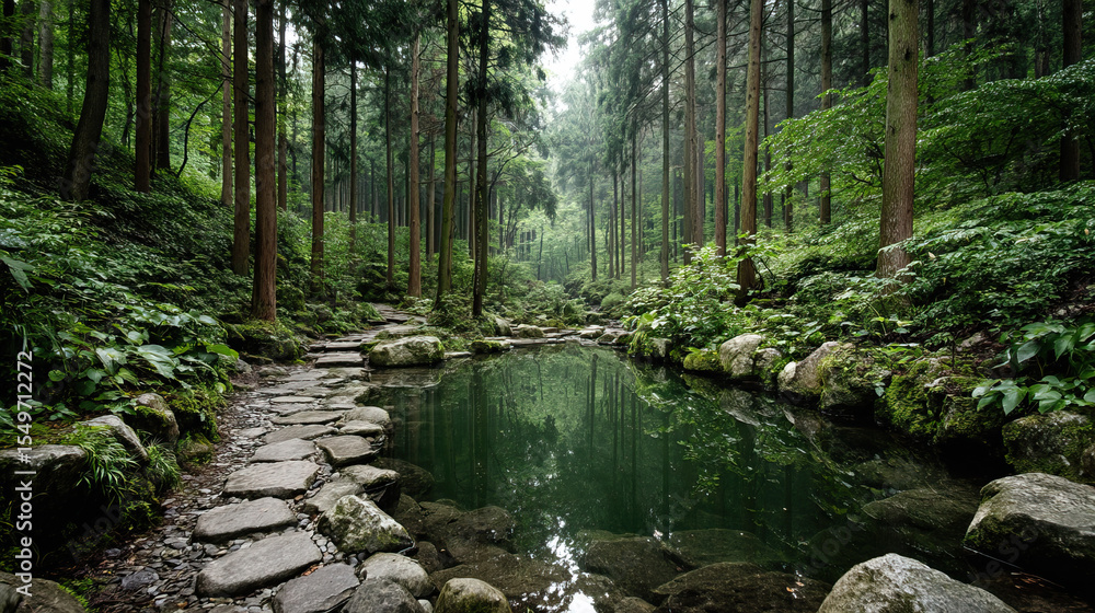 Obraz premium Forest open air onsen mossy stone tranquil natural water green serene. tranquil forest open air onsen surrounded by mossy stones and lush greenery reflecting peaceful atmosphere and natural beauty