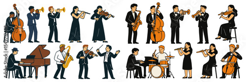 Musicians performing in a jazz band at a lively festival during the evening hours